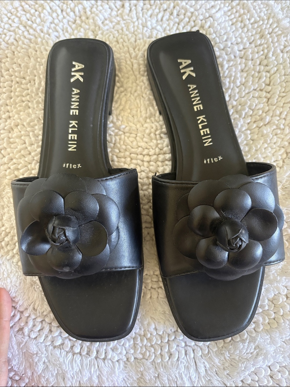 Anne Klein Black Floral Appliqué Slide Mules
